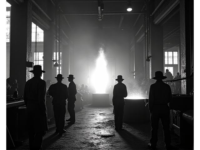 Historic black and white photo of a bustling metal foundry with sparks flying, showing early metalwork in Kingston, Ontario