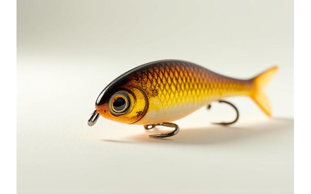A compact, golden-hued forged walleye jig with intricate scale patterns and a single, sharp hook.