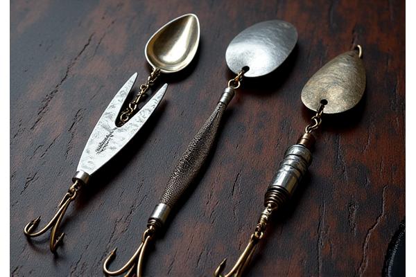Assortment of different custom fishing lure types: spoons, jigs, and spinners, arranged artfully on a dark background