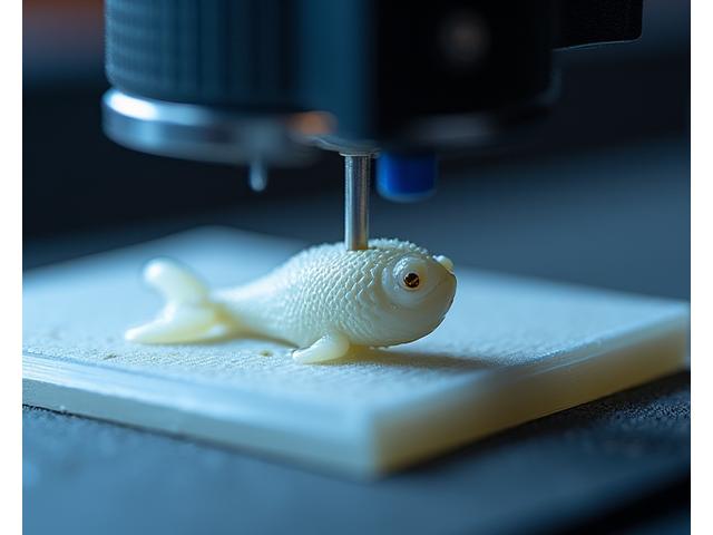 Close-up of a 3D printing nozzle fabricating a complex fishing lure prototype with precision