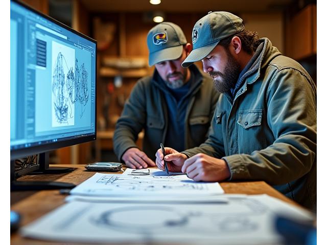 An angler discussing custom hook designs with a Maple Forge Tackle design expert, looking at blueprints