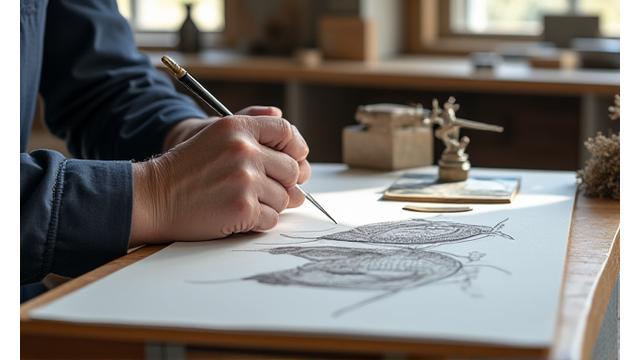 Artist sketching a metal fish sculpture design