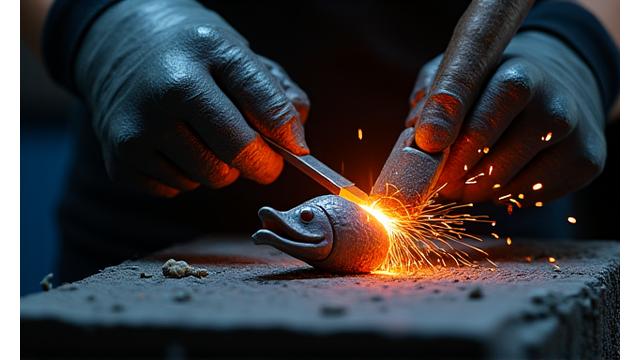 Close-up of a metalworker forging sculpture details