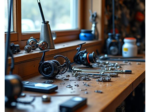 Clean and organized fishing gear repair workshop with tools and tackle components